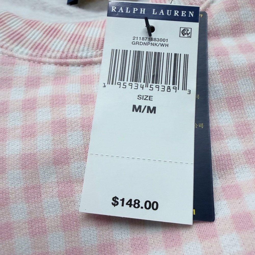 Medium Polo Ralph Lauren Gingham Fleece Sweatshirt Pink White - Picture 3 of 6